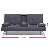 Artiss Linen Fabric 3 Seater Sofa Bed Recliner Lounge Couch Cup Holder Futon Dark Grey.